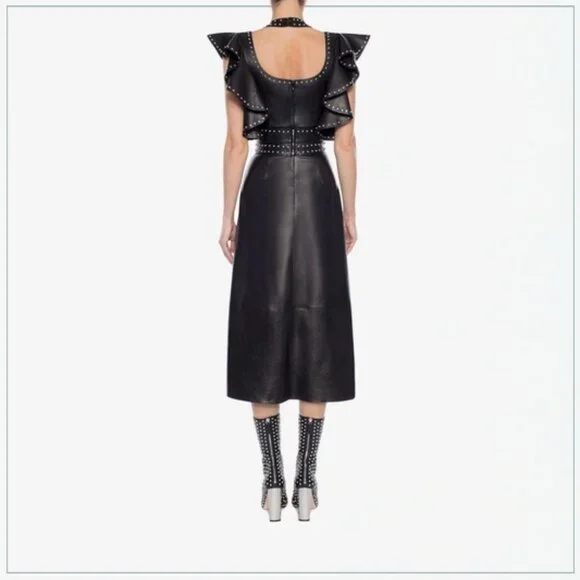 $8990 Alexander McQueen Studded Trim Lamb Leather Ruffle Runway Midi Dress - Picture 9 of 11